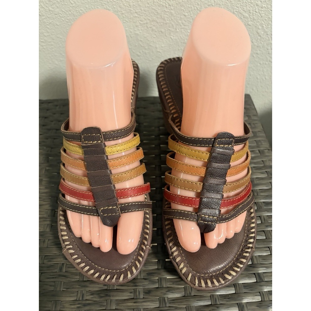 White Mountain Multicolor Brown Leather Thong Sandals~8~Slip in Cork 3" Wedges